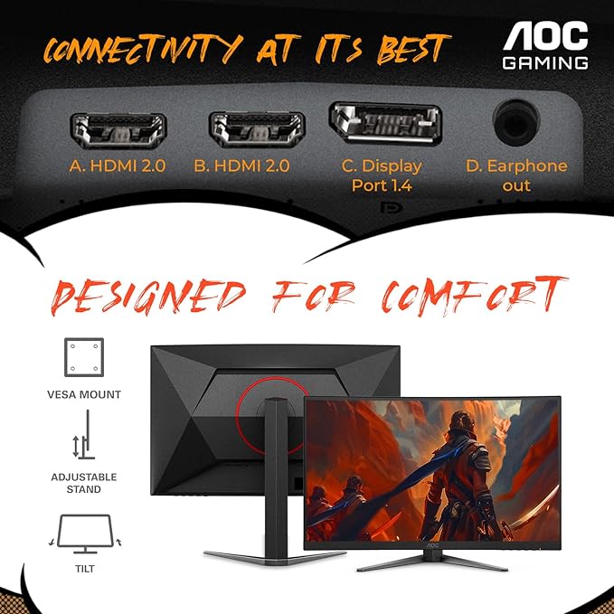 AOC C27G4H 27" Curved Gaming Monitor, FHD 1080p, 180Hz, Adaptive Sync, Height Adjustable, 3-Year Zero Dead Pixel Guarantee, Black, Xbox PS5 Switch Compatible