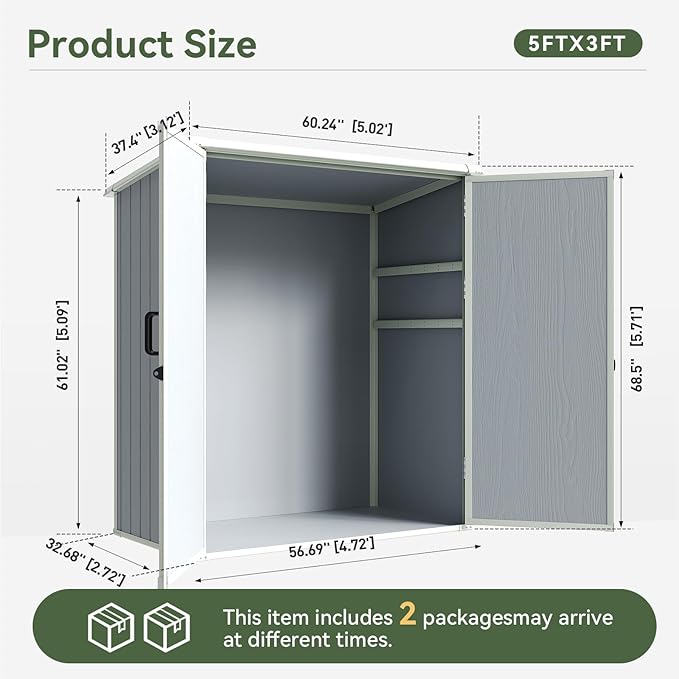 5x3FT Storage Shed Plastic Outdoor Storage Shed Waterproof Outdoor Shed with Floor and Lockable Door for Garden, Lawn, Backyard