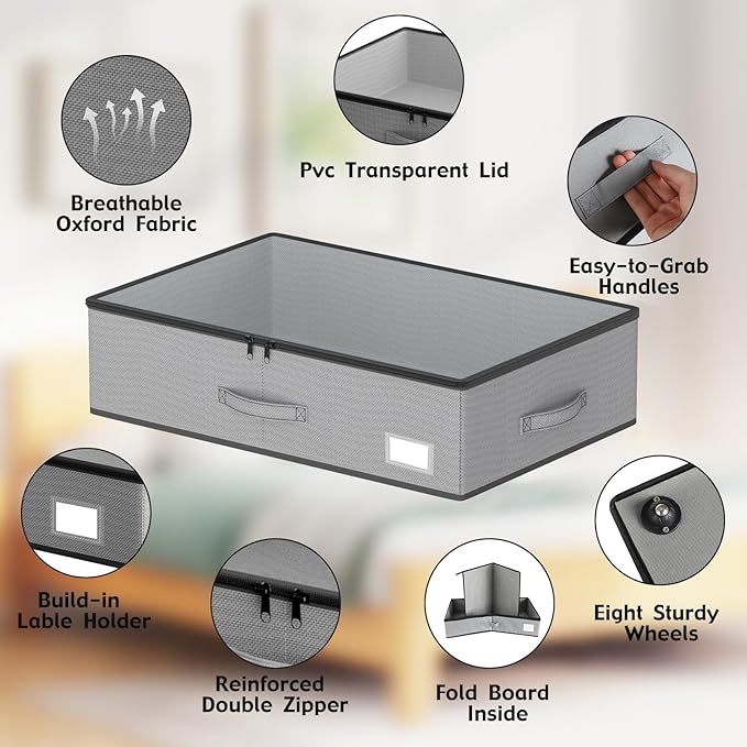 Under Bed Storage with Wheels, No Assemble Required 7.5 inches height Under Bed Storage bins,Large capacity Rolling Under bed Shoe Storage containers,dorm under bed storage drawers