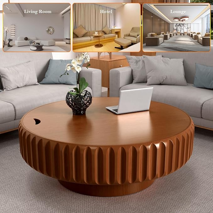 39.37" Round Drum Coffee Table with Storage Retro Rustic Center Table - Solid Wood Handcrafted Relief Veneer for Farmhouse Apartment (B Round 39.37in)