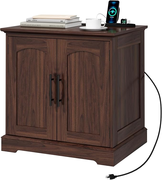 Rustic End Table with Charging Station, 24" Large Sofa Side Table with 2 Arched Doors, Farmhouse Wood Square Nightstand Bedside Tables with Adjustable Storage Shelf for Living Room, Bedroom