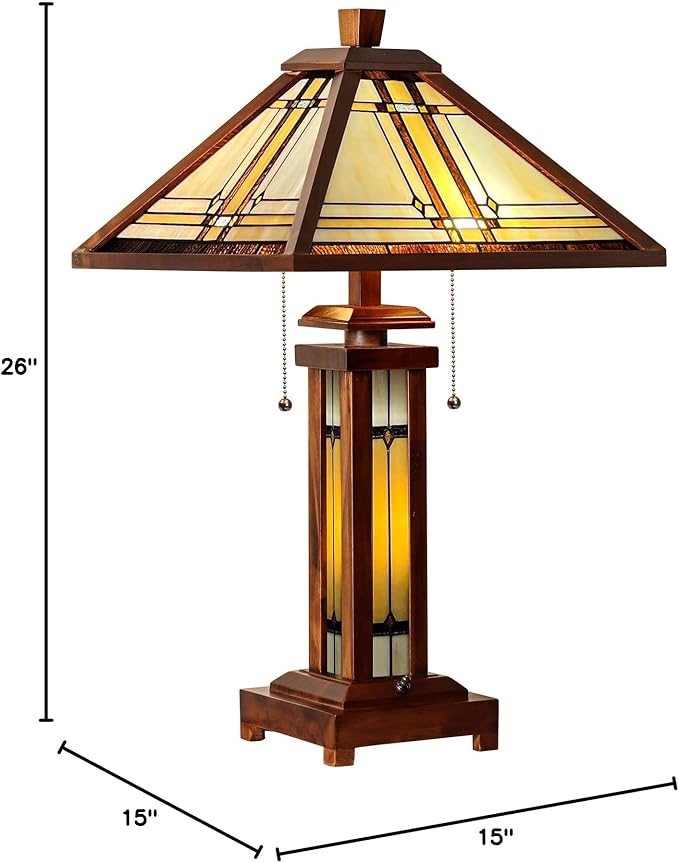 Capulina Tiffany Lamp Stained Glass Table Lamp with Night Light 3-Light 15X15x26 Inches Cream Antique Wooden Base Tiffany Style Desk Lamp for Living Room Bedroom Home Office