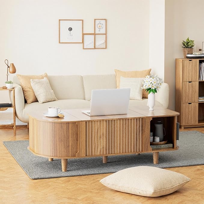 Oval Lift Top Coffee Table, Mid Century Modern Center Table with 3 Hidden Compartment, Coffee Tables with Storage Open Shelf and Sliding Cabinet Door for Home Living Room Office (Walnut)