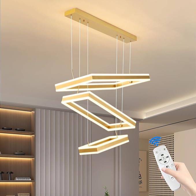 Modern Ceiling Pendant Light, LED Chandelier with Remote Control Dimmable 3 Color Mode & Brightness, Anti-Flicker Pendant Lights Kitchen Island Light Fixture for Dining Room Living Room