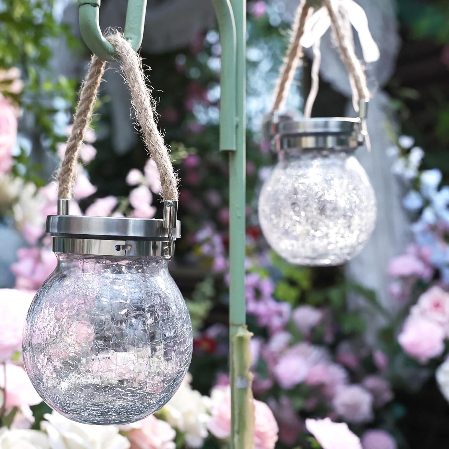 Cooo 4 Pack Heavy Crackle Glass Solar Lantern with 30 LED Firefly Lights– Waterproof Outdoor Hanging Lamp 215% Larger Solar Panel, Stainless Steel Lid Decorative Lighting for Garden Patio Table