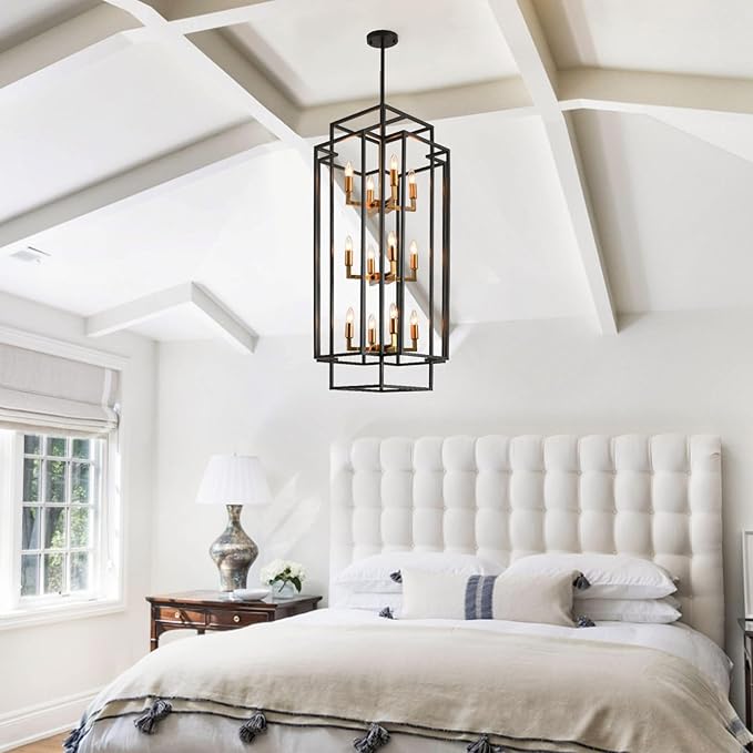 Black and Gold Chandelier, 12-Light Lantern Tiered Pendant Light Fixtures, Large Foyer Chandeliers for High Ceilings, Farmhouse Chandelier for Entryway, Modern Metal Pendant Lights for Staircase