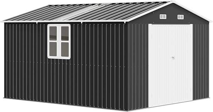 VanAcc 10x12x7 FT Outdoor Storage Shed with 2 Transparent Panels, Metal Garden Shed with Hinged Double Doors, 2 Windows & 4 Vents, Reinforced Steel Frame for Backyard, Garden, Dark Gray