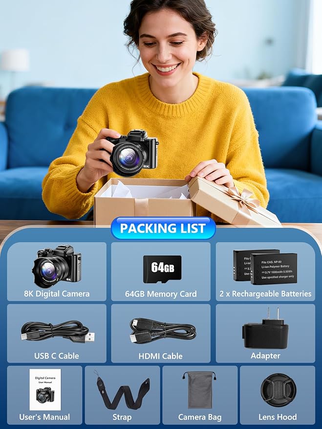 8K Digital Camera, 88MP WiFi Cameras for Photography with 3.2" Touchscreen, 16X Zoom Autofocus Vlogging Camera for YouTube Video, Anti-Shake, Dual Camera, 2 Batteries, 64GB Card, Flash, Lens Hood