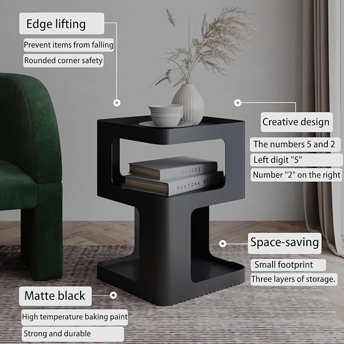 Side Table,Modern end Table,Black Metal nightstand,Bedside Tables,Accent Table with Storage for Living Room Bedroom entryway Couch,no Assembly Required,Unique Furniture.