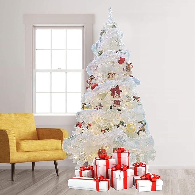 9FT Artificial Christmas Tree, Full Premium Hinged Artificial Pine Tree with Sturdy Metal Stand 1850 Branch Tips,White