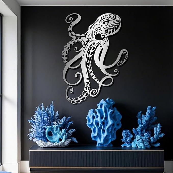 Octopus Metal Wall Art, Octopus Wall Decor, Sealife Wall Decoration, Ocean Wall Hanging, Marine Biology Decor, Metal Wall Art for Living Room, Bathroom (White, 19"x14" | 47x34cm, metal wall art)