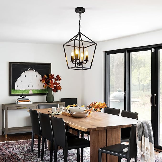 Black Farmhouse Chandelier, Industrial 4 Light Pendant Light Fixtures, Rustic Metal Lantern Ceiling Hanging Light for Entryway, Foyer, Kitchen Island, Dining Room, Hallway, Bedroom