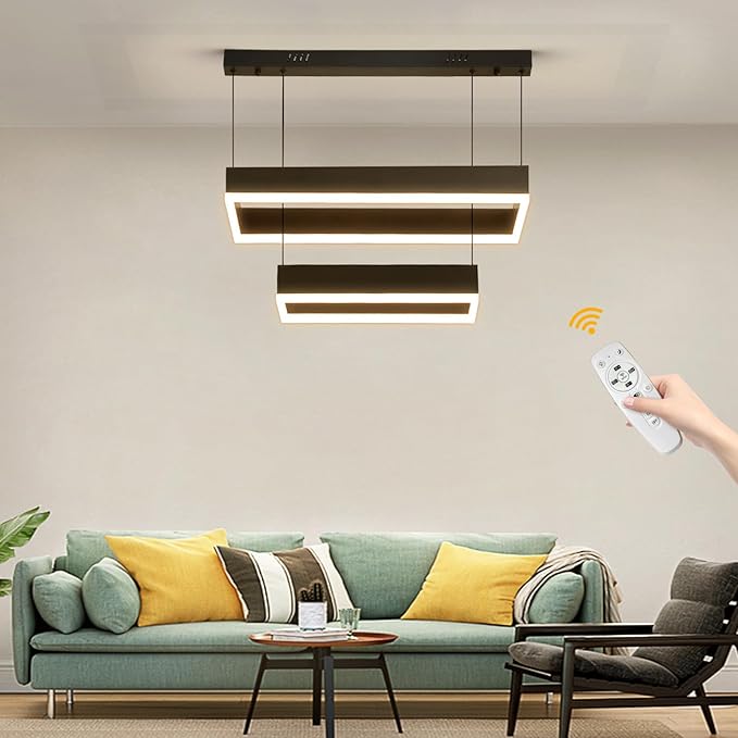 Modern Chandeliers for Living Room, 2-Ring Rectangles Pendant Light Kitchen Island Fixtures, Dimmable LED Chandelier for Dining Room Bedrooms, Black (40CM/60CM)
