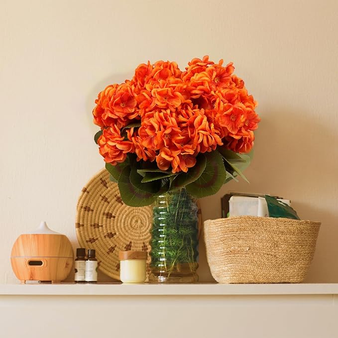 6 Bundles Silk Geraniums Artificial Flowers for Outdoors, UV Resistant Faux Plants Realistic for Garden Patio Porch Window Box Home Indoor Outdoor Decor (12, Orange-red)
