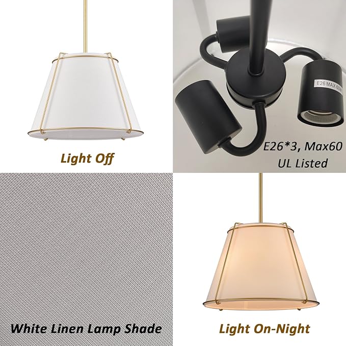 Cone Pendant Light Fixture with Metal Lantern Fabric Drum Shade 16" White and Gold Chandeliers for Kitchen Dining Room Living Room Bedroom