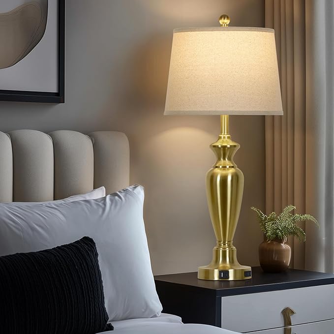 30" Tall Gold Table Lamps Set of 2, Touch Control Bedside Lamp with USB A+C Ports and AC Outlet, 3-Way Dimmable Modern Metal Nightstand Lamp for Bedroom Living Room, 2 LED Bulbs Included