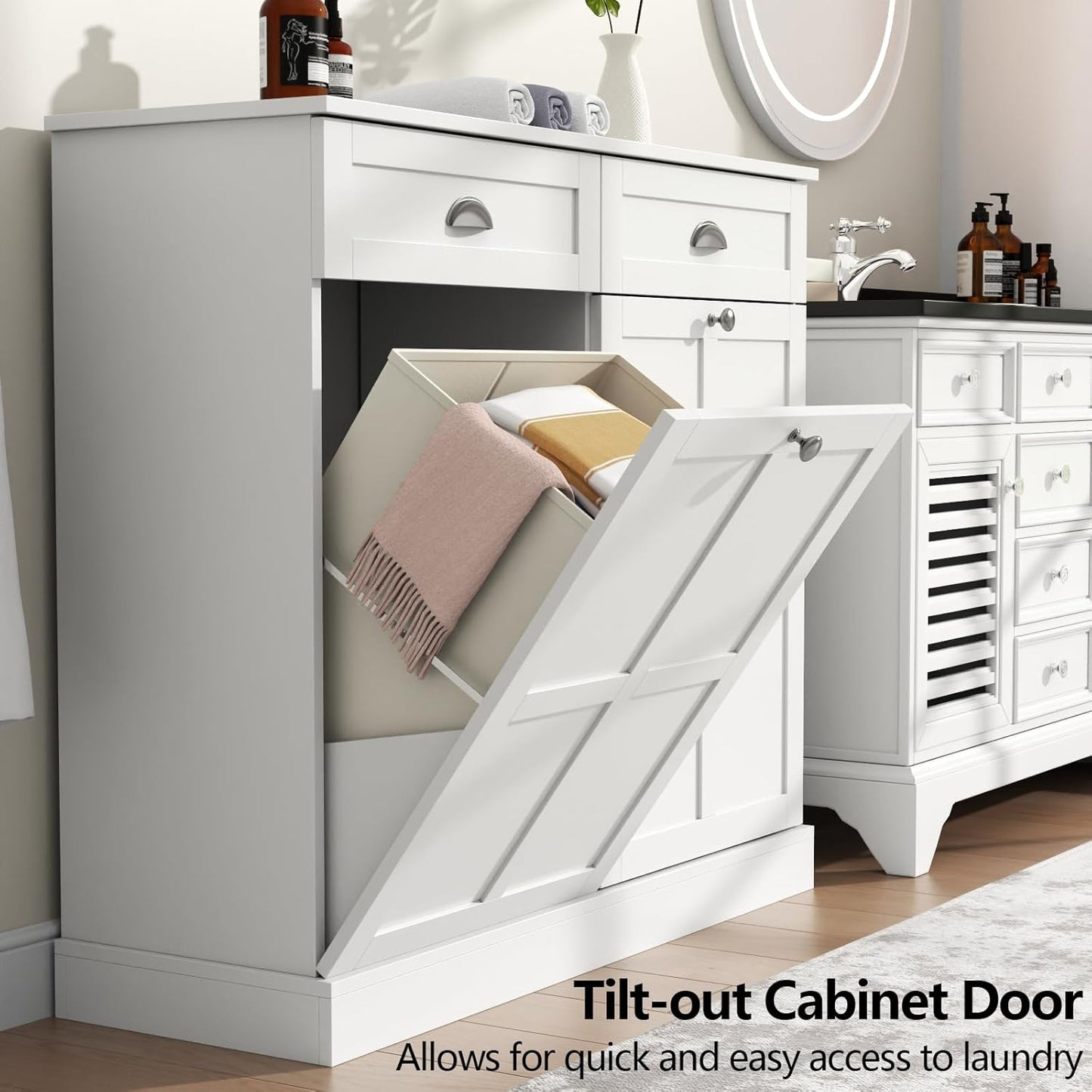 Loomie Double Tilt Out Laundry Hamper Cabinet, Hidden Laundry Cabinet with 2 Drawers & 2 Baskets, 30 Gallon Trash Can for Bathroom, Kitchen, White