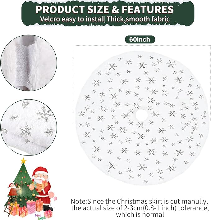 60 Inch Christmas Tree Skirt - Vonhen Large Snowy White Faur Fur Tree Skirt for Merry Christmas Party Christmas Tree Decorations White Plush Silver Sequin Snowflake