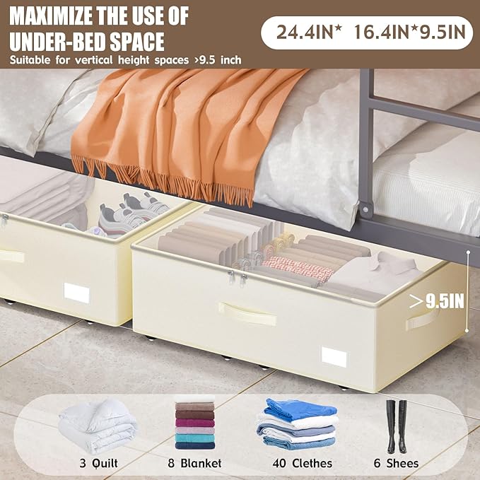 Under Bed Storage with Wheels, No Assemble Required 10 inches height Under Bed Storage bins,Large capacity Rolling Under bed Shoe Storage containers,dorm under bed storage drawers