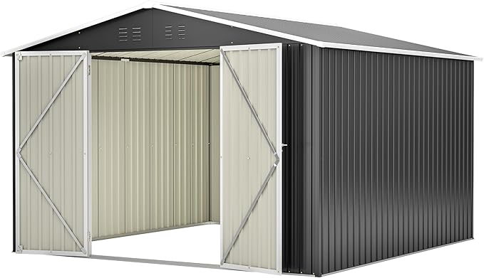 10x10 FT Outdoor Storage Shed, Large Metal Garden Shed with Lockable Hinged Doors, Outside Tool Shed with Sloped Roof & 4 Air Vents, Waterproof Storage Building for Backyard, Patio, Lawn, Black
