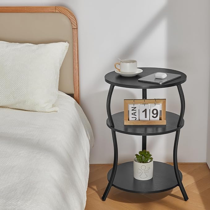 Round Side Table, 3-Tier Waist End Table with Storage Shelf, Side Tables Living Room,15.75x24’’Round Table, Sofa Side Table, Snack Table TV Tray Table, Vintage Nightstand for Bedroom,Black