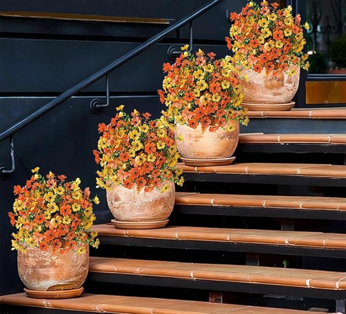 Christmas Decorative Plants Artificial Topiary Trees with Spike, 2pcs UV Resistant Artificial Bushes with Flowers, Artificial Fake Plants Shrubs for Doorway Porch Garden Decorate (Orange-yellow)