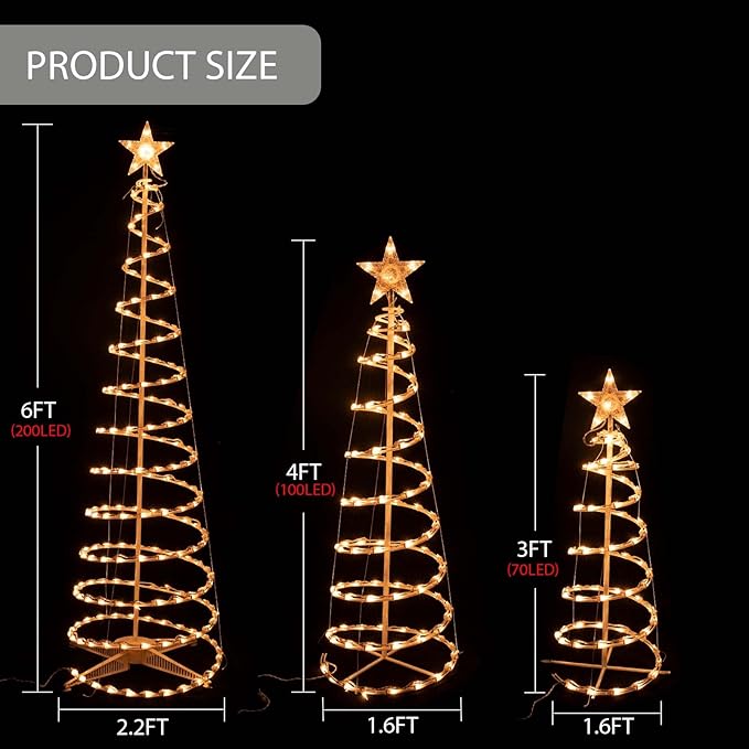 Set of 3 Spiral Outdoor Lighted Christmas Tree, 3/4/6 Feet Christmas Lights with 7" Star Topper, UL Certification Collapsible Spiraling Tree Light Kit for Xmas Patio Wedding Decoration, Warm White