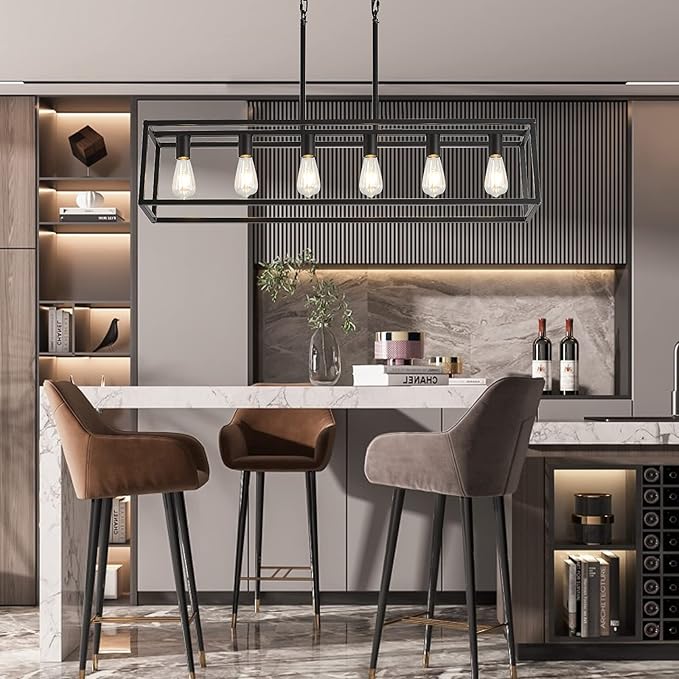 XILICON Farmhouse Chandeliers Rectangle Black 6 Light Dining Room Lighting Fixtures Hanging, Kitchen Island Cage Pendant Lights Contemporary Modern Ceiling Light with Adjustable Rods