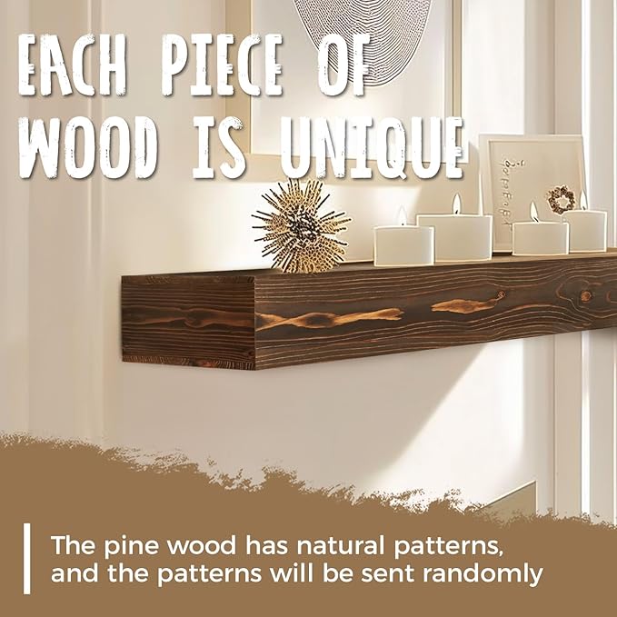 72x8x3 Fireplace Mantel - Handcrafted Hollow Rustic Solid Wood Wall Mounted Floating Shelf with Invisible Heavy Duty Wood Bracket (Weathered Brown)