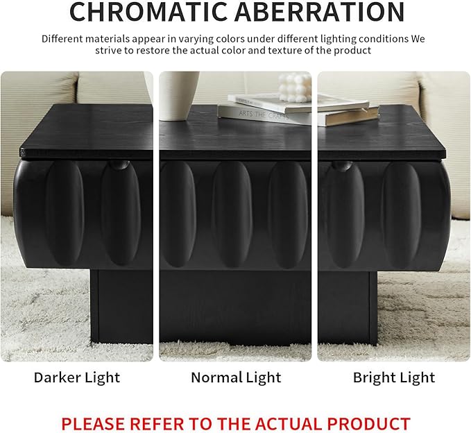 LKTART 31" Lift Top Coffee Table for Living Room, Fluted Coffee Table with Hidden Storage Compartment, Mid Century Modern Solid Wood Veneer Square Center Table for Office Apartment Small Space, Black