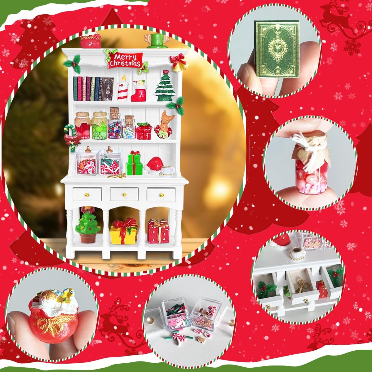 Dollhouse Miniatures Accessories 1/12 Scale, 34pcs White Wooden Bookshelf Furniture Kit - Mini Books&Gift Boxes, Candy Jars, Christmas Tree&hat, Dollhouse Christmas Decorations for Kids