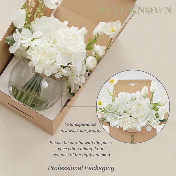 WELL KNOWN Artificial Flowers for Table Decoration Silk Hydrangea Flowers with Vase Fake Flower Arrangements in Round Bowl Vase with Faux Water for Summer Spring (White)