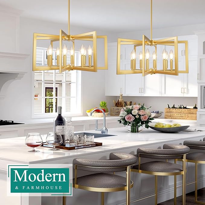 8-Light Gold Chandelier, Farmhouse Dining Room Light Fixture, Modern Chandelier, Geometric Industrial Metal Hang Lighting Fixture for Foyer Entryway Kitchen Over Table Hallway Living Room
