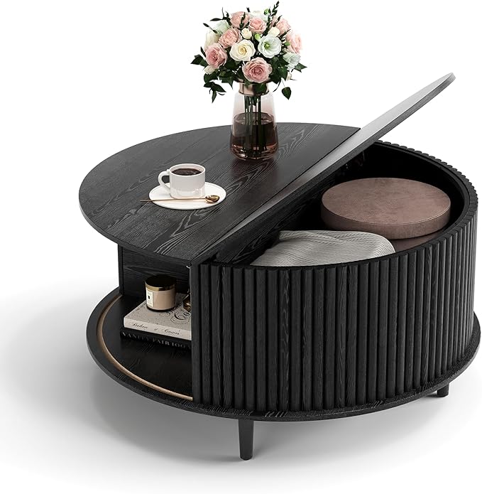 Round Coffee Table with Storage, Mid Century Modern Center Table with Sliding Cabinet Door, Fluted Dining Table for Living Room, Home Small Space, 31.5", Black