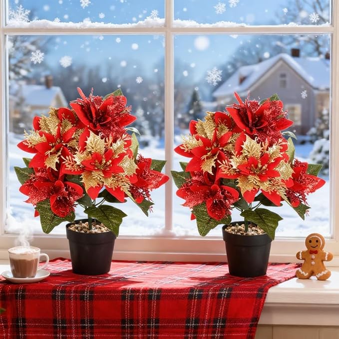 Poinsettia Artificial Christmas Flowers in Pot 7 Heads, 2PCS 13.8 Inch Fake Poinsettias Plants for Home Porch Office Indoor Outdoor Christmas Winter Decorations