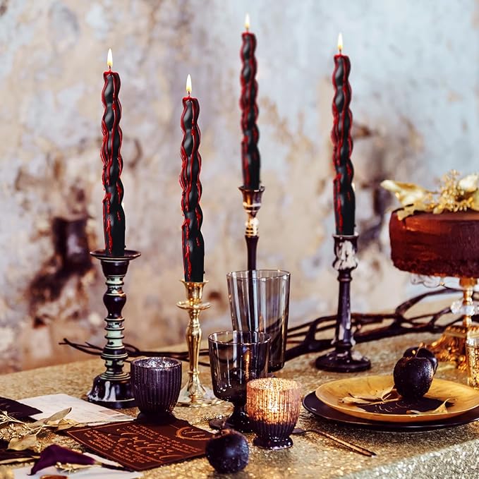 Zhengmy 4 Pcs Black Bleeding Candles Christmas Goth Decor Vampire Tears Spiral Taper Candle Blood Drip Spooky Gothic 7 Inch Twisted Dinner Candlestick for Party Table Decor