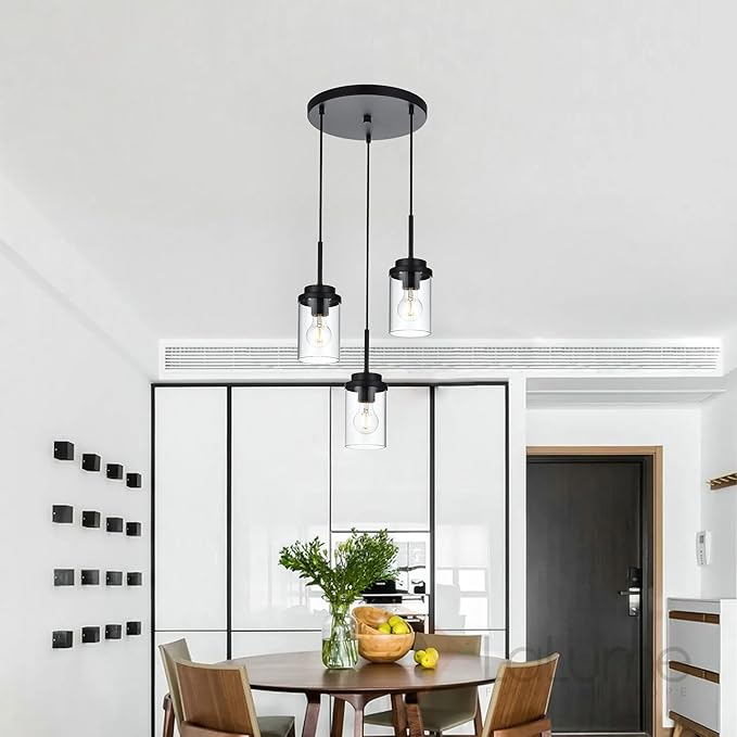 MELUCEE 3-Light Farmhouse Black Pendant Lights Kitchen Island, Modern Light Fixtures Ceiling Hanging with Clear Glass Shade Cluster Pendant Lighting for Dining Room Kitchen Hallway Stair