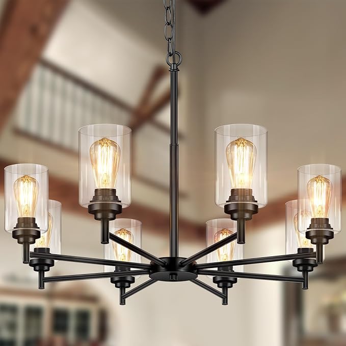 Sucolite 33.5'' 8-Light Chandelier for Dining Room Kitchen Island, Modern Farmhouse Pendant Lighting with Glass Shades Industrial Black Hanging Ceiling Light Fixture for Living Room, Height Adjustable