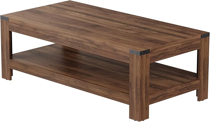 Farmhouse Coffee Table, Modern Rustic Wooden Center Table with Storage, Living Room Tables, 2-Tier Industrial Cocktail Tea Table for Living Room (Walnut, 47.2 in)