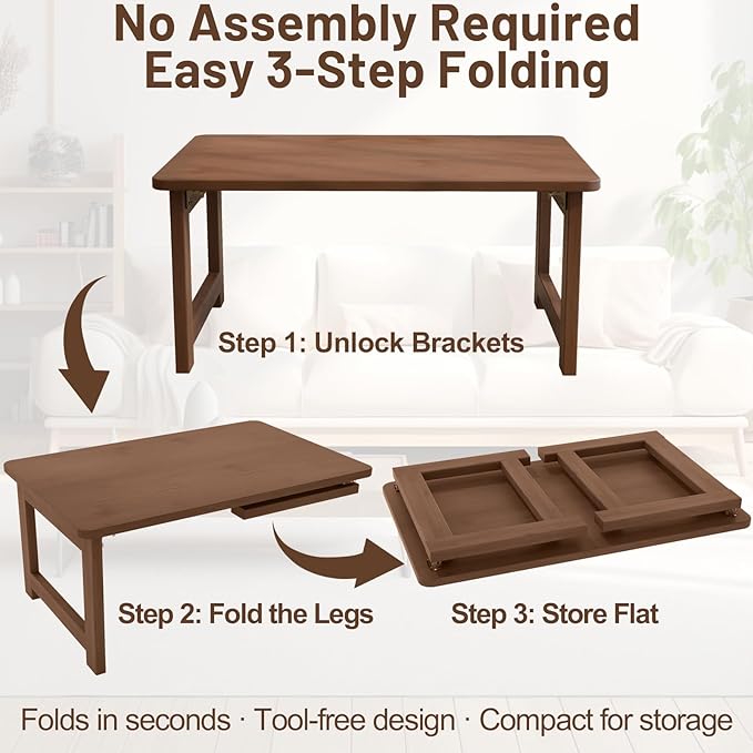 Japanese Floor Table, Bamboo Folding Coffee Table, Portable Solid Wood Japanese Tatami Tea Table Table, No Assembly Japanese Dining Table for Sitting on The Floor, Easy Storage (Dark Walnut)