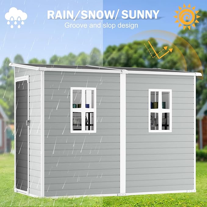 CDCASA 4x8 FT Resin Lean to Shed, Waterproof Outdoor Storage Sheds with Floor & Lockable Door & Window, Sloped Roof Outside Plastic Tool Shed for Backyard, Patio, Poolside, Lawn, Grey