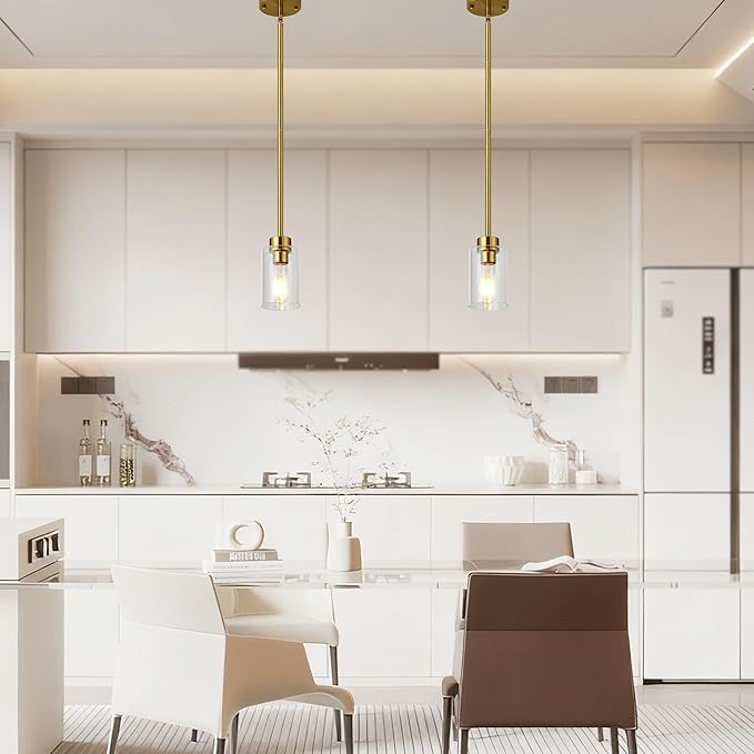 Brass Pendant Lights Kitchen Island 3 Pack, Farmhouse Gold Pendant Light with Clear Glass Shade, Kitchen Island Lighting for Dining Room Entrywa