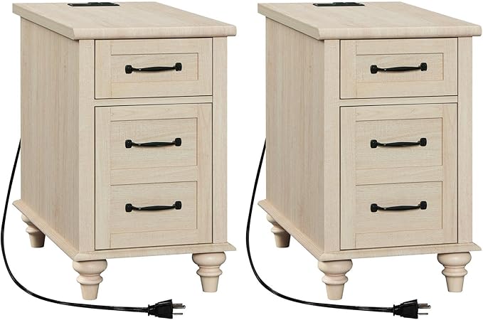 WAMPAT 2 Pack End Tables with Charging Station, Farmhouse Narrow Side Table with Drawer & Storage Cabinet, Beige Nightstand with Power Outlets & USB Ports for Living Room, Bedroom