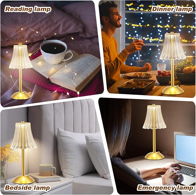 Liliful 12 Pcs Cordless Table Lamp Rechargeable Touch LED Small Gold Portable Battery Operated USB-c Desk Lamp 3 Color Dimmable for Bedroom Living Room Dining (Gold,Rose Style)