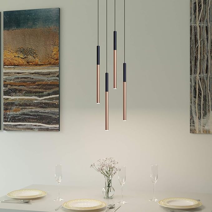 ALTAIR 4 Mini Pendant Lighting Black-Copper - LED Hanging Light Fixture for Kitchen Island, Bar, Foyer - Cluster Pendants - Dimmable, Adjustable Wire, Lamp Bulb Included