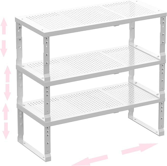 Metal Stackable Expandable Storage Shelf - Multi-Functional Home Storage Shelf, Suitable for Kitchen, Cabinet,Bathroom, Office, Garage, etc.(3PACKS/White/Medium