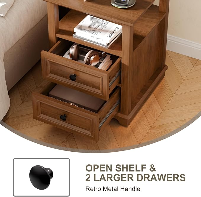 End Table Set of 2, Fast USB C Charging Station, 18" Wide Tall Sofa Side Table with 2 Drawers, Large Storage Rustic Wood Square Storage Cabinet for Living Room,Bedroom,Office