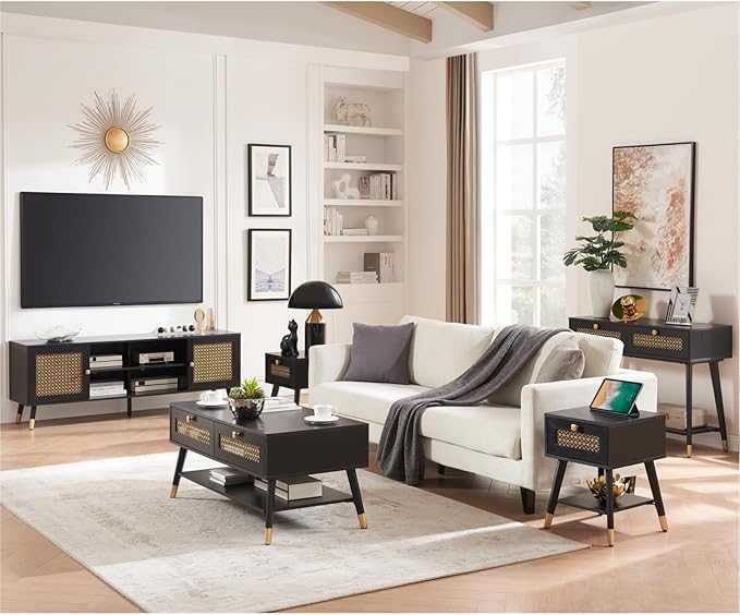 Black Farmhoue Side Table with Charging Station - Small Rustic Nightstand with USB Ports & Outlets, Storage Drawer & Open Shelf, Mid Century Modern Style Furniture for Living Room, Bedroom