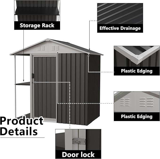 6 x 4 FT Outdoor Metal Storage Shed Garden Shed with Side Storage Rack Suitable for Garden Bike, Waterproof Shed,Tool Metal Storage Shed for Backyard, Patio