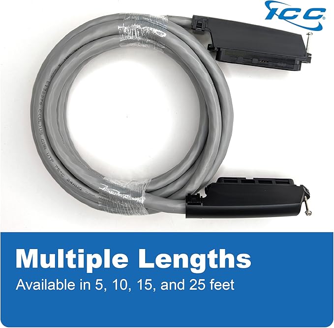 ICC Male to Male 25 Pair Telco Cable 15ft - Cat3 24AWG, 100% Solid Pure Copper, Gray Riser CMR Cable with 90 Degree 50 Pin Telco Connector for Voice and Low Data PBX Applications, 15 Feet